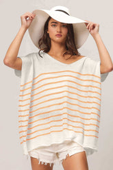 White Apricot Striped V Neck Short Sleeve Top, Tops, $ 45.00, A Moment Of Now™